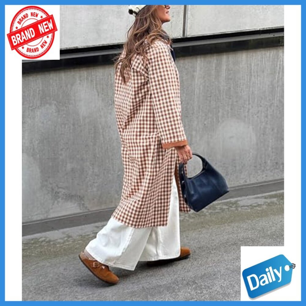 Women's Long Trench Coat Plaid Barn Jacket Single Breasted Casual Outerwear - Picture 4 of 7